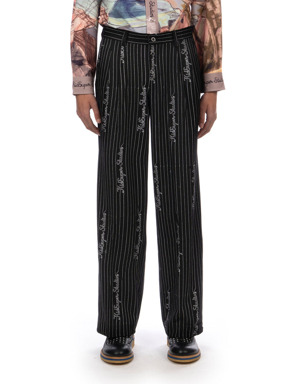 KidSuper | Embroidered KS Pinstripe Suit Pants Black - Concrete