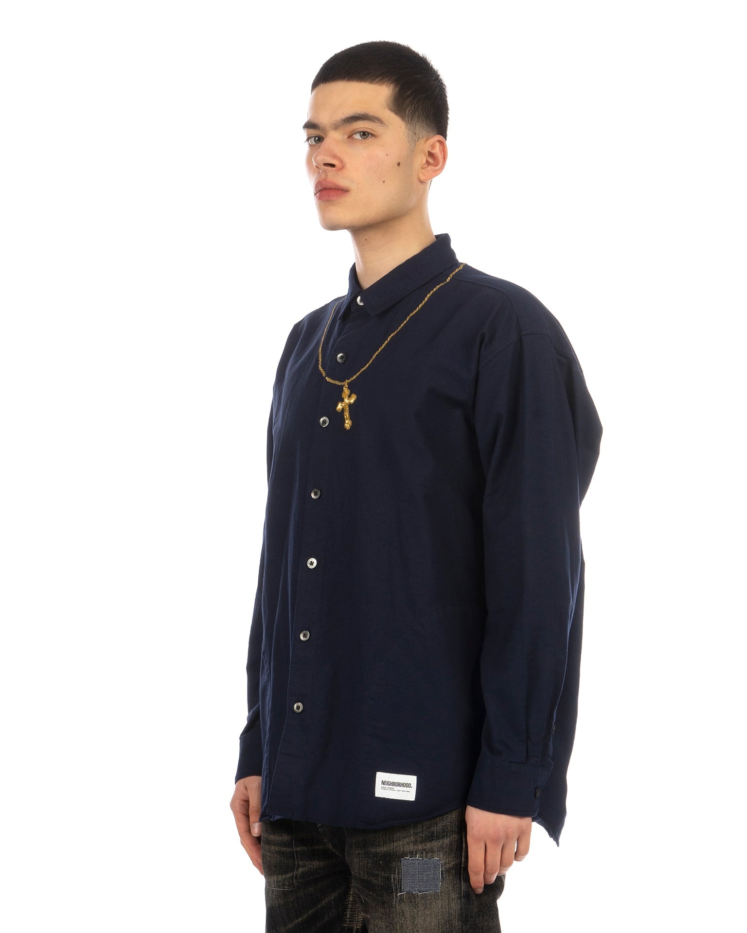 NEIGHBORHOOD | Cross Embroidery LS Shirt Navy / Gold | Concrete