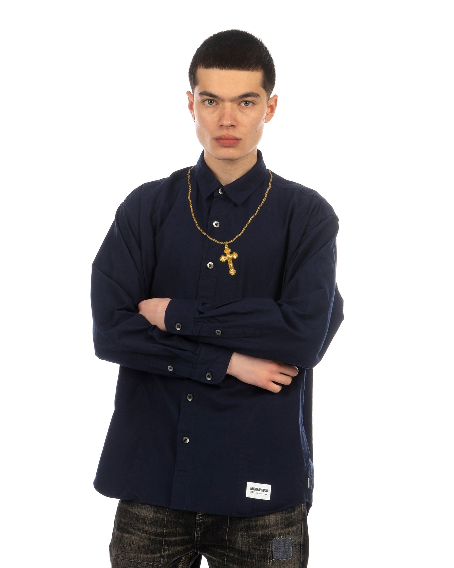 NEIGHBORHOOD CROSS EMBROIDERY SHIRT シャツ NEIGHBORHOOD | Cross Embroidery LS Shirt Navy / Gold | Concrete