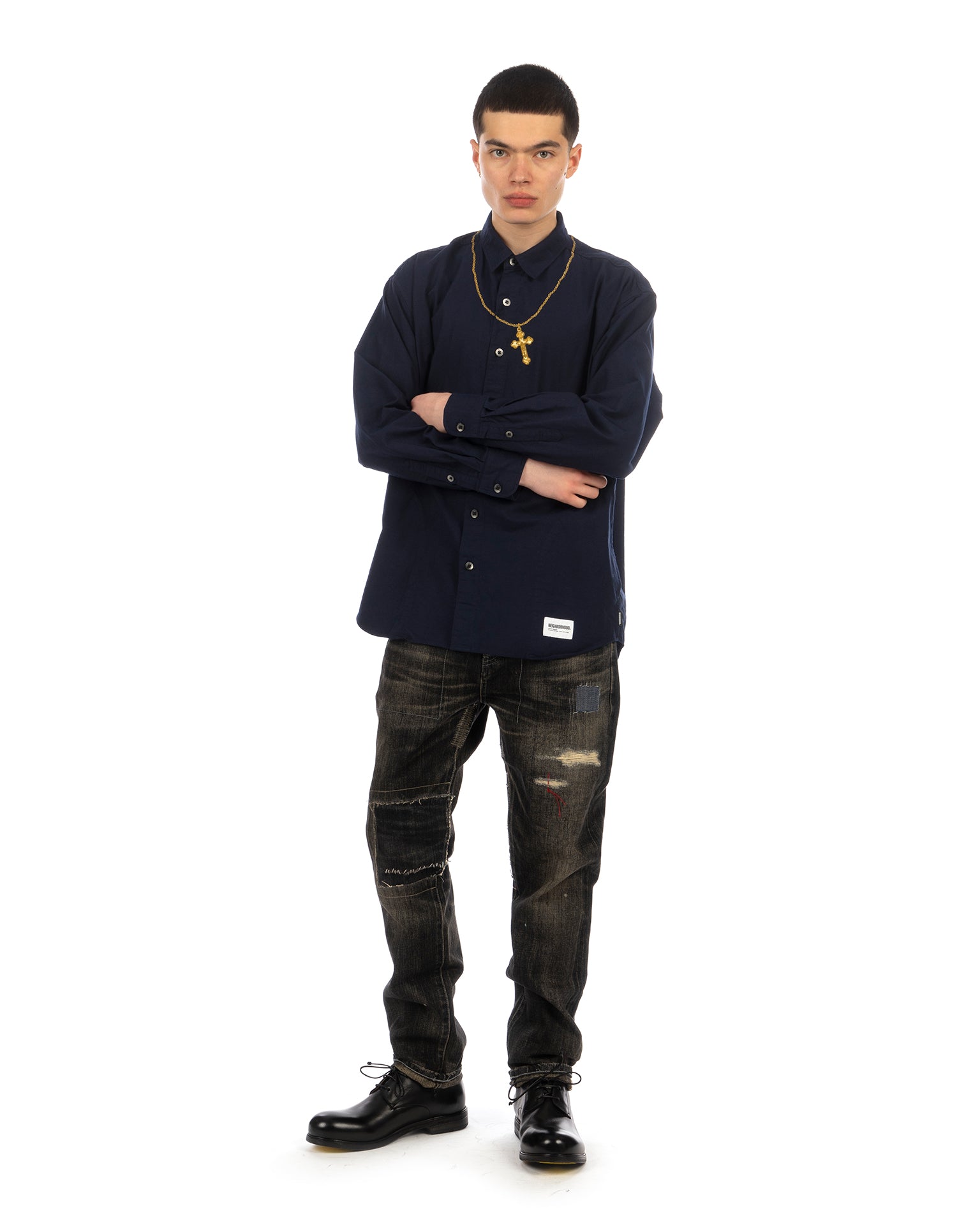 NEIGHBORHOOD | Cross Embroidery LS Shirt Navy / Gold | Concrete