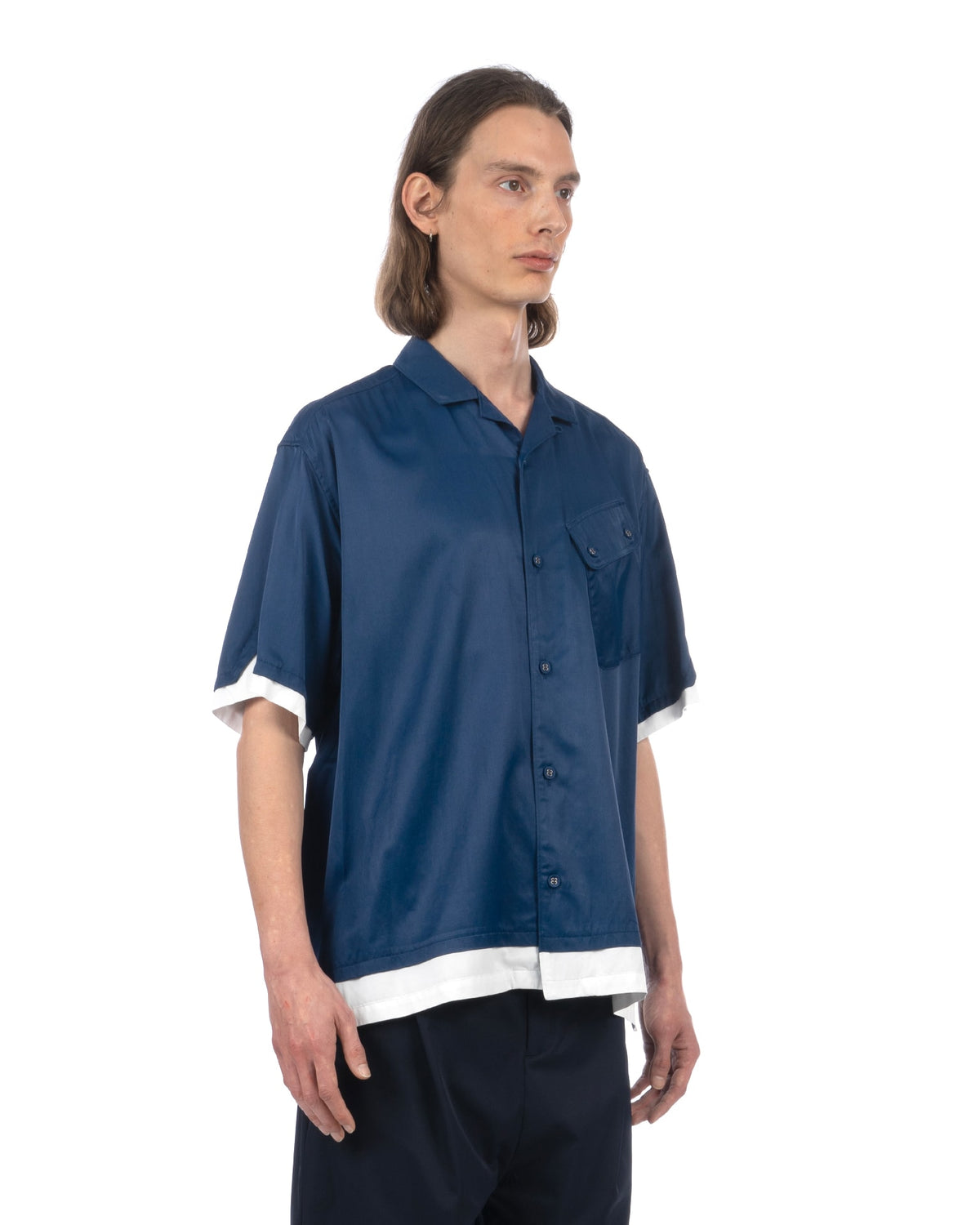 White Mountaineering | Satin Open Collar Shirt Blue - Concrete