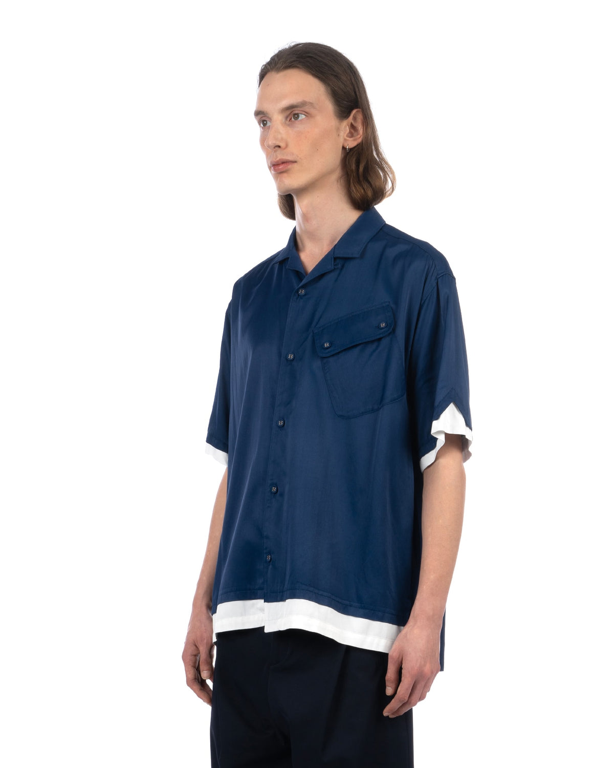 White Mountaineering | Satin Open Collar Shirt Blue - Concrete