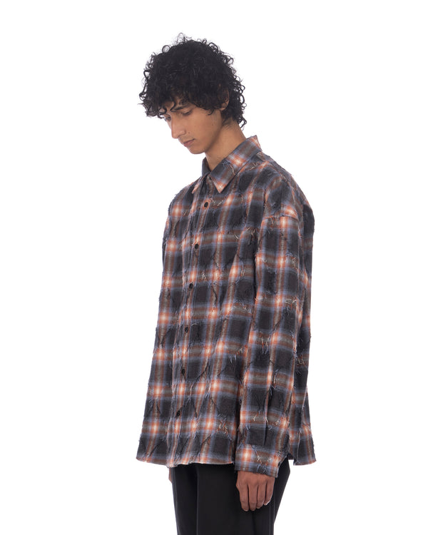 juun.j | Argyle Needle-Fringed Check Shirt Blue
