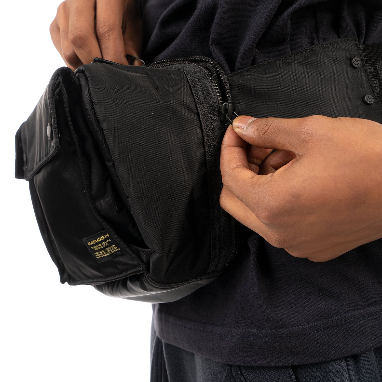 Maharishi Mens Hip Pack Miltype MA Logo Streetwear Bag Black