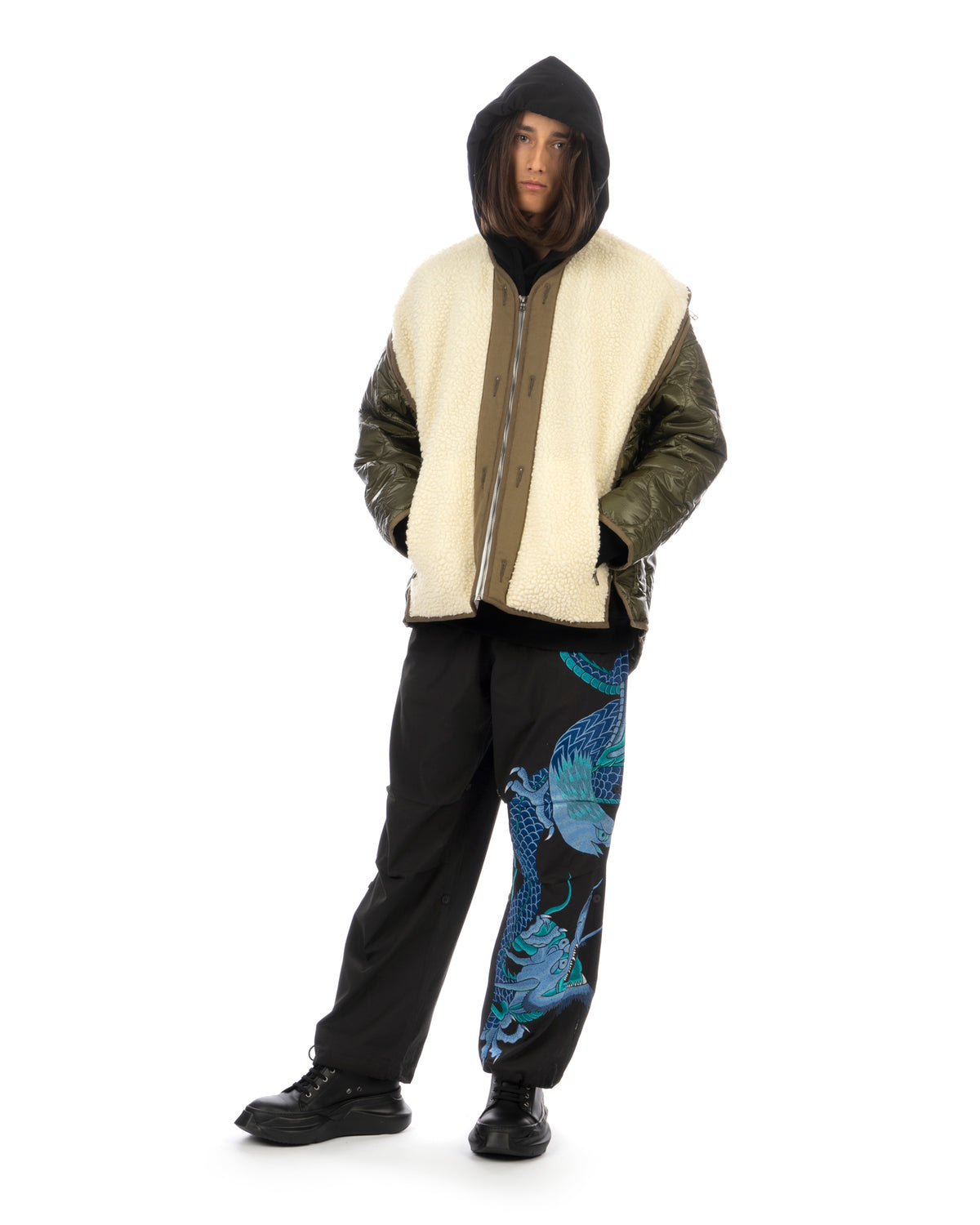 FACETASM | Zipper Sherpa Quilted Liner Jacket Ecru / Khaki - Concrete