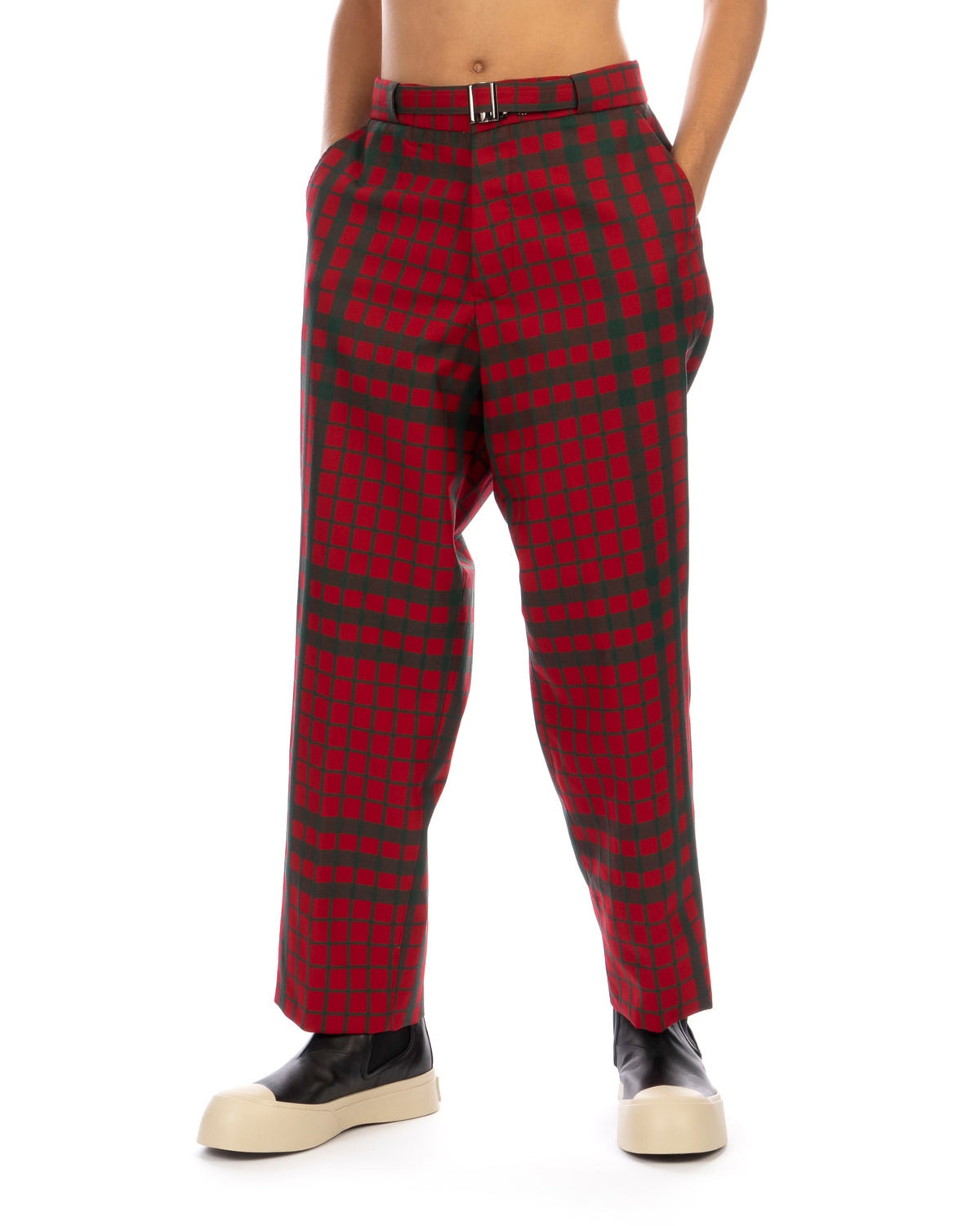 Haversack | Dobby Check Belted Narrow Straight Pants Red - Concrete