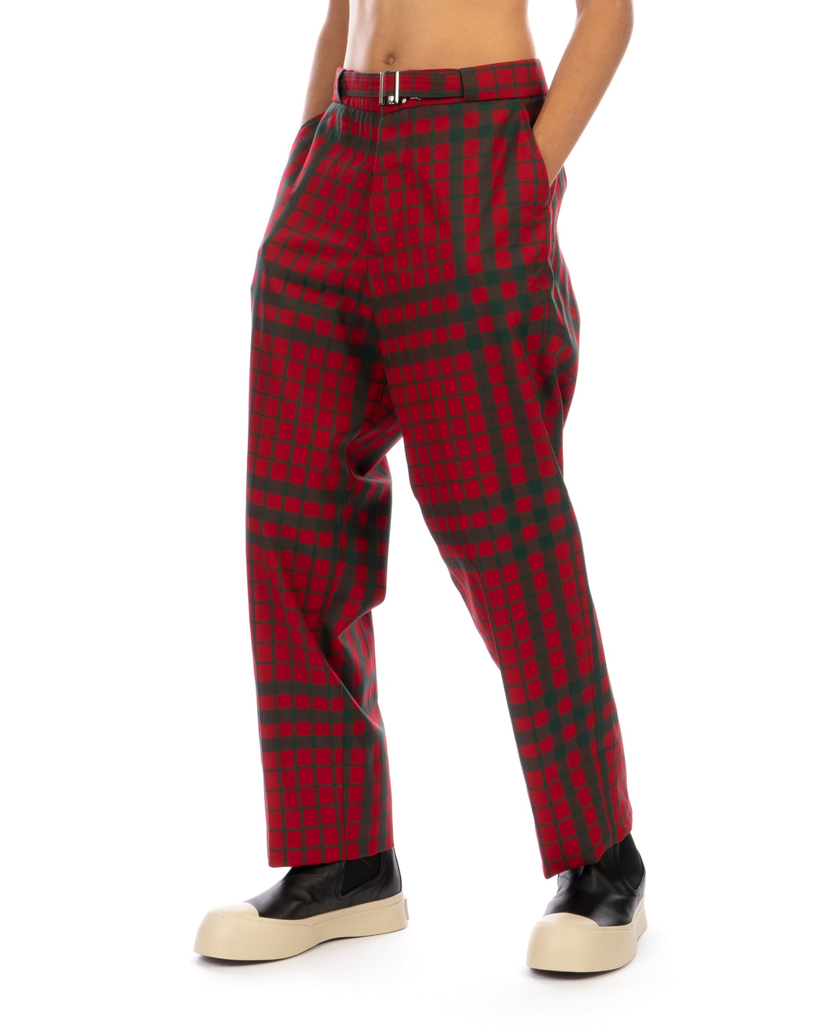 Haversack | Dobby Check Belted Narrow Straight Pants Red - Concrete