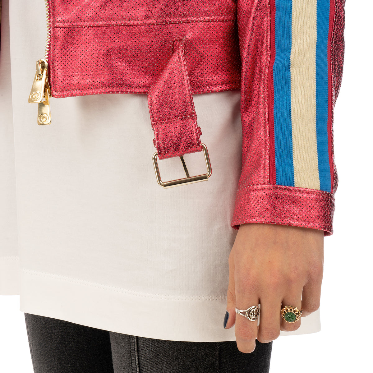 CocoCloude | Nail Perforated w/ Bands Leather Jacket Strawberry Red - Concrete